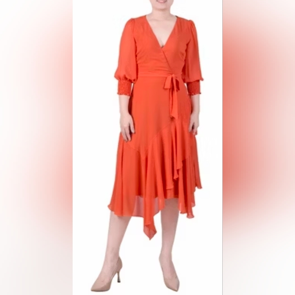 NY Collection Chiffon Dress Orange Petite Small